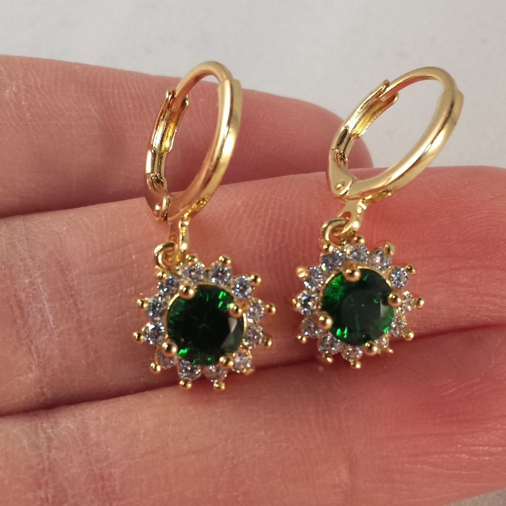 18K Yellow Gold Filled Flower Emerald Green Diamond Zircon Earrings Gorgeous